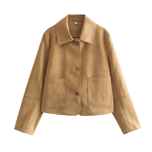Single-breasted Pocket Square Collar Suede Top