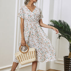 Summer Floral Print Short Sleeved V-neck High Waisted Dress A-line Skirt Mid Length Skirt