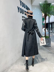 New Style Suit Collar Stitching PU Leather Mid-length Over-the-knee Thickened Thin Windbreaker Jacket