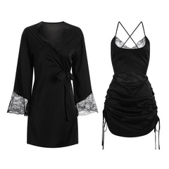 Drawstring Lace Backless Low-cut Solid Color Satin Slip Nightdress