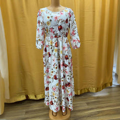 Women's Elegant Floral Print Boho Dress - Round Neck Half Sleeves Flowy Maxi Dress
