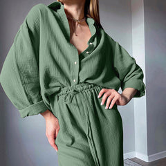Shirt Pajamas Loose Double-layer Gauze Long Sleeve Trousers Suit Outer Wear Ladies' Homewear