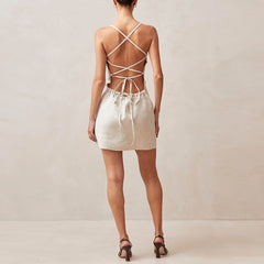 Short Hip Skirt Low Collar Lace Up Slim Fit Dress Women