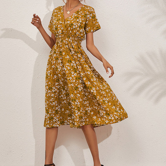 Summer Floral Print Short Sleeved V-neck High Waisted Dress A-line Skirt Mid Length Skirt