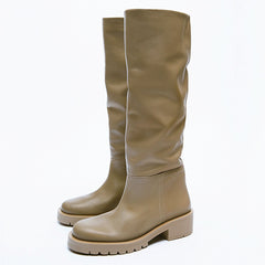 Leather Flat Round Toe Sand Brown Below The Knee Leg Boots