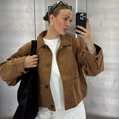 Lapel Single Breasted Brown Short Jacket Women's Retro