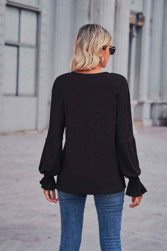 Women's Tops Round Neck Pleated Lantern Sleeve Women's Long European And American T-shirt