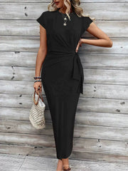 Elegant Waist Strap Striped Round Neck Short Sleeve And Long Pattern Dress