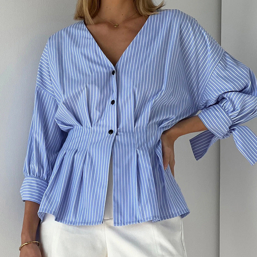 Striped Shirt V-neck High Waist Design Sense Niche Temperament Ruffled