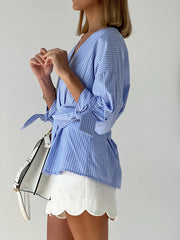 Striped Shirt V-neck High Waist Design Sense Niche Temperament Ruffled