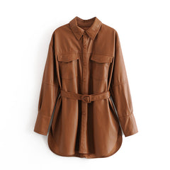 Women's Mid-Length Tunic Leather Shirt Jacket