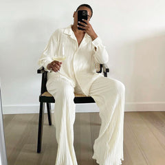 New Style Pleated Casual Shirt Suit Long-sleeved Trousers