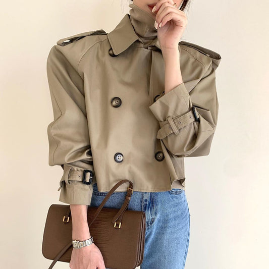 Korean Ins Autumn Retro Lapels Design Double Breasted Loose All-match Long Sleeve Short Trench Coat