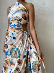 Sling Drawstring Conch Split Long Dress