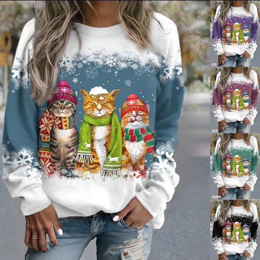 Women's Snowman & Cat Christmas Long Sleeve Tee