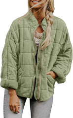 Winter Zip-up Stand Collar Coat With Pockets Fashion Solid Color Plaid Long Sleeved Jacket Women's Clothing