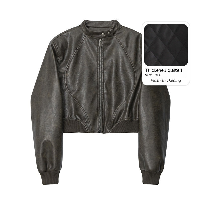 American Fashion Stand Collar Long Sleeve Short PU Leather Short Jacket