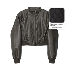 American Fashion Stand Collar Long Sleeve Short PU Leather Short Jacket