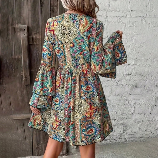 Elegant V-Neck Floral Print Dress - Layered Bell Sleeves, A-Line Waisted Party Dress For Women, Spring Summer Holiday Outfit