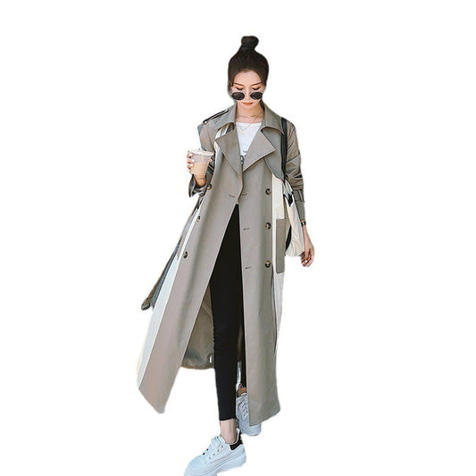 Stitching Contrast Drape Windbreaker British Style Fashion Over The Knee