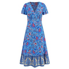 Sexy Short Sleeve V-neck Dress Bohemian Beach Vintage Floral