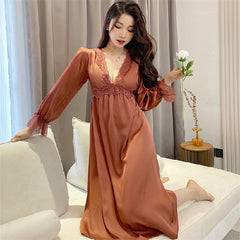 Women's Spring Autumn Lace V-Tie Satin Nightdress