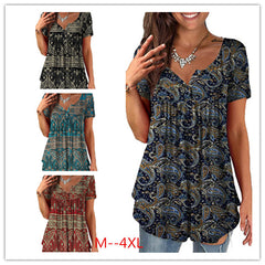 Women's Clothing Summer Fashion New Tops Digital Printing Casual Trend Short Sleeve Henley Shirt