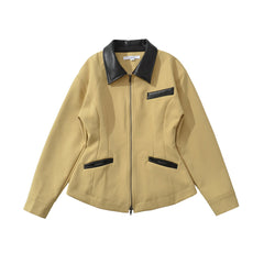 Retro Lapels Contrast Color Waist-tight Motorcycle Slim-fit Leather Coat Zipper Jacket
