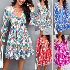 Women's Clothing Temperament Printed V-neck Long-sleeve Dress