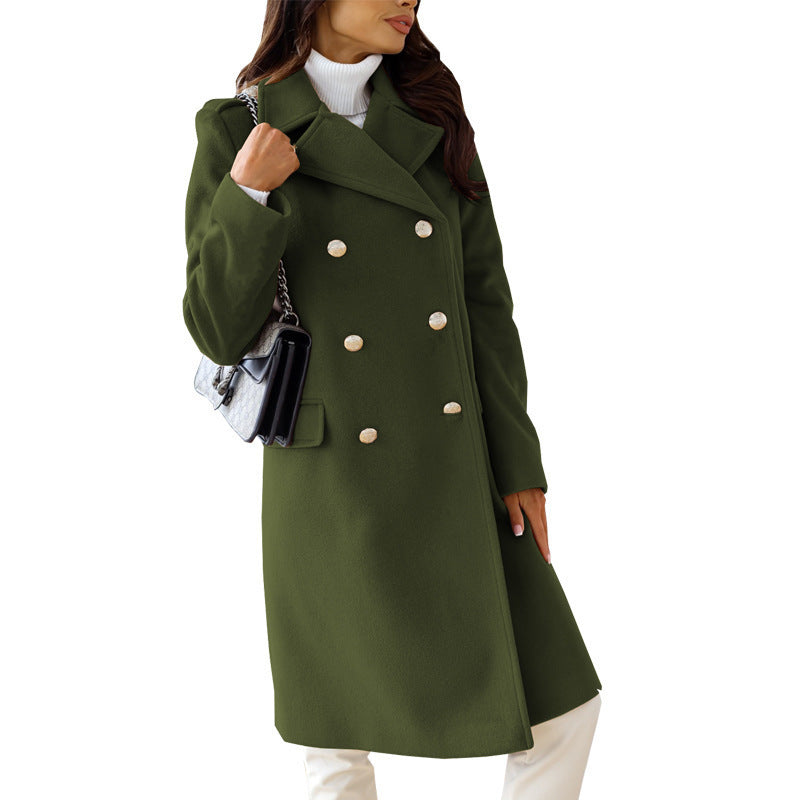 Women's Simple Long Sleeve Lapel Double Breasted Woolen Coat