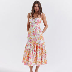Spring And Summer Comely Pastoral Style Sling Floral A Swing Cake Dress