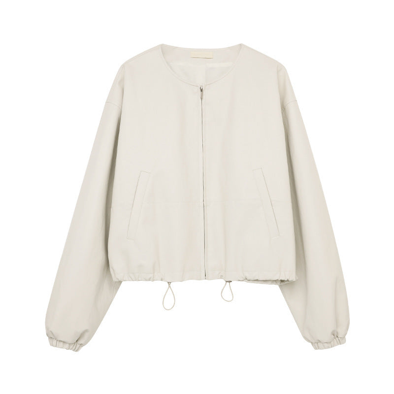 Autumn Drawstring Simple  Leather Jacket Top Fashionable Clothing