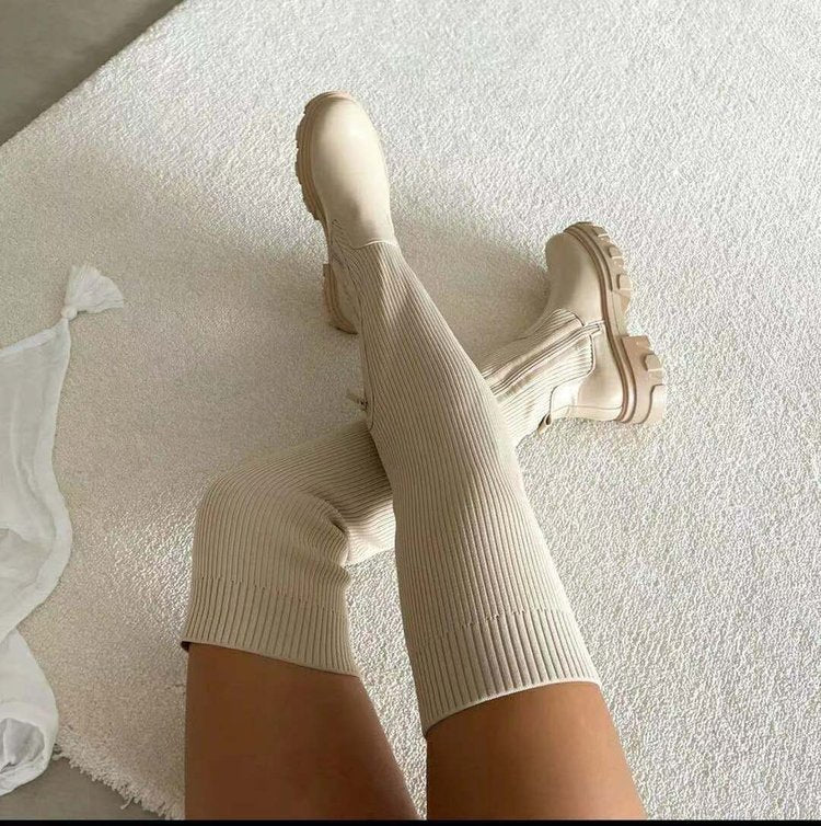 Women's Over-the-knee Round Toe Pure Color Flying Knit Socks Boots