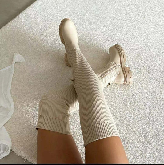 Women's Over-the-knee Round Toe Pure Color Flying Knit Socks Boots