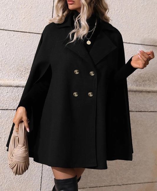 Solid Color Double Breasted Slit Batwing Sleeve Cloak Trench Coat Coat