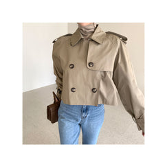 Korean Ins Autumn Retro Lapels Design Double Breasted Loose All-match Long Sleeve Short Trench Coat