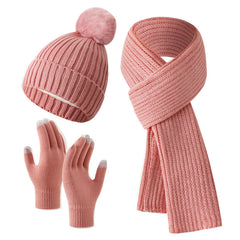 Solid Color Woven Hat Scarf And Gloves Warm Set