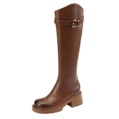 Leather Heel Knee Boots British Style Round Toe Chunky