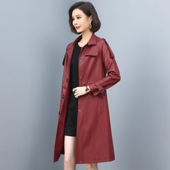 Women Leather Trench Spring Turn-down Collar Solid Color Drawstring Loose Long Sheepskin Coat