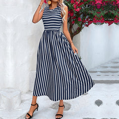 Summer Round Neck European And American Striped Sleeveless Dress