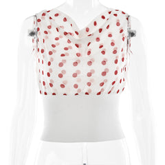 Polka Dots Print Oblique Shoulder Tops Summer Patchwork Chiffon Crop Backless Blouse Casual Streetwear Tee