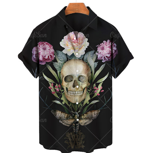 Men's Halloween Short Sleeve Printing Lapel Cardigan Top Summer Cartoon Unique Shirt