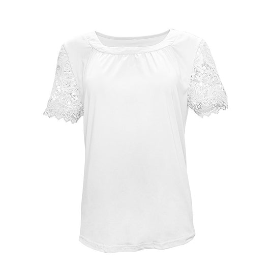 Womens Lace Short Sleeve Crew Neck T Shirts Summer Casual Tops Loose Fit Tees Blouses