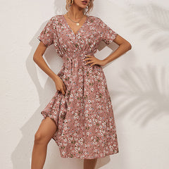 Women's V-Neck Floral Print Dress - A-Line Waisted Summer Maxi Dress
