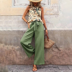 Women's 2 Piece Outfits Summer Casual Sleeveless Halter Neck Crop Tops Wide Leg Pants Set