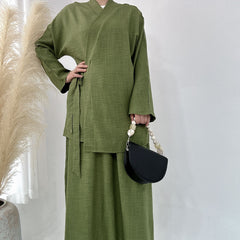 Solid Color Casual Lace Up Middle East Dubai Top And Skirt Suit