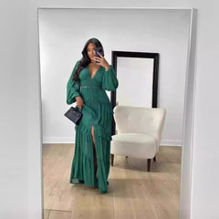 Elegant Stitching Long Sleeve V-neck Dress